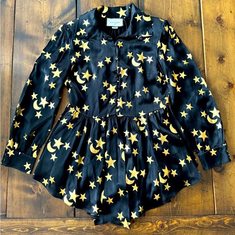 Gucci Black and Gold Silk Superstar Button Up Blouse